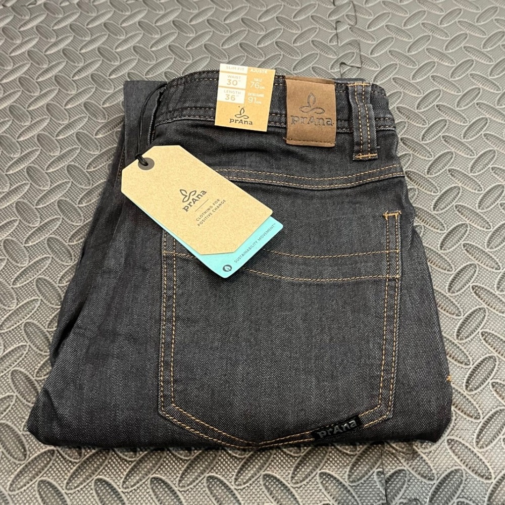 NEW prAna Bridger Jean Mens 30x36 Dark Denim Slim Fit Organic Stretch Cotton